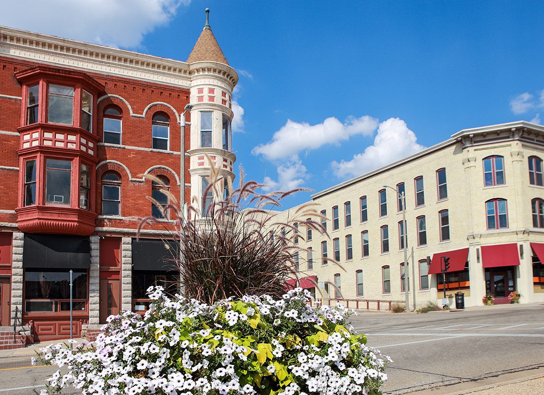 Mauston, WI - Turn of the Century Brick Buildings in Downtown Janesville, Wisconsin on a Sunny Day